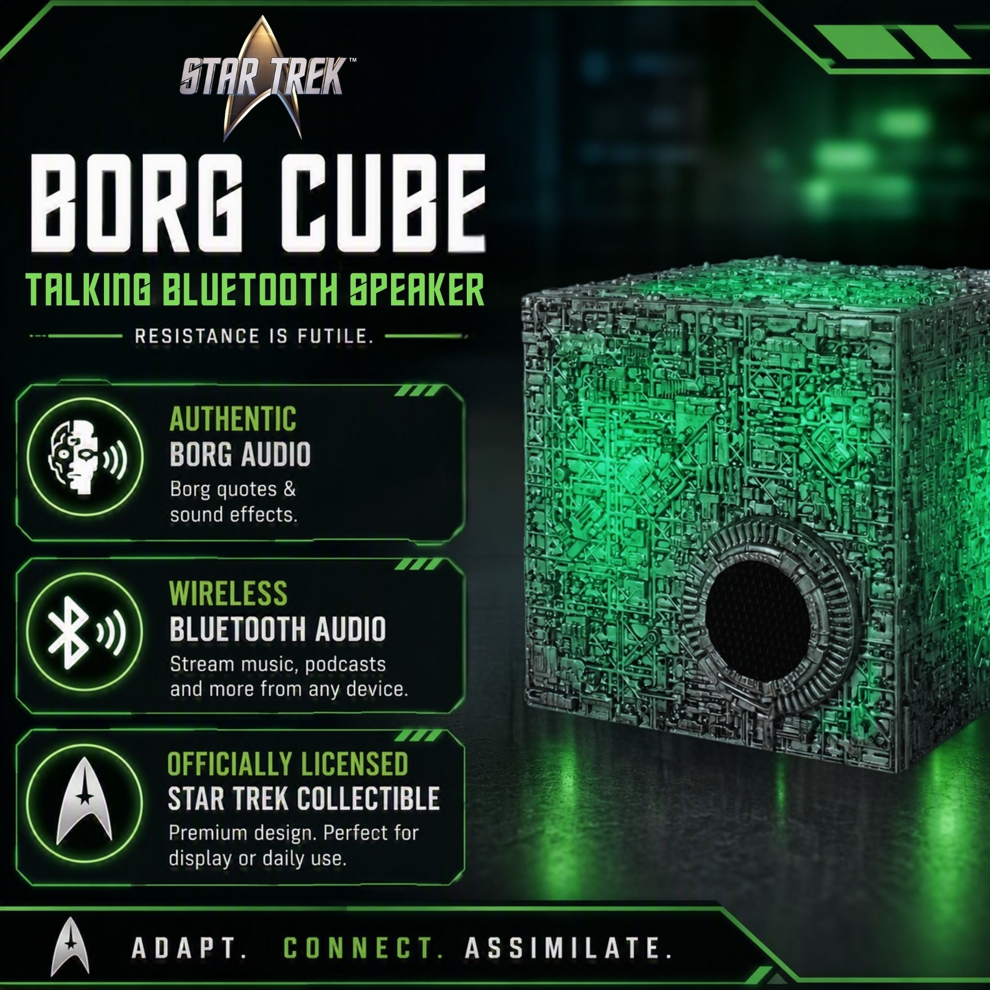 BUNDLE: STAR TREK™: THE NEXT GENERATION CHIRPING COMMUNICATOR BADGE & BORG CUBE BLUETOOTH® SPEAKER