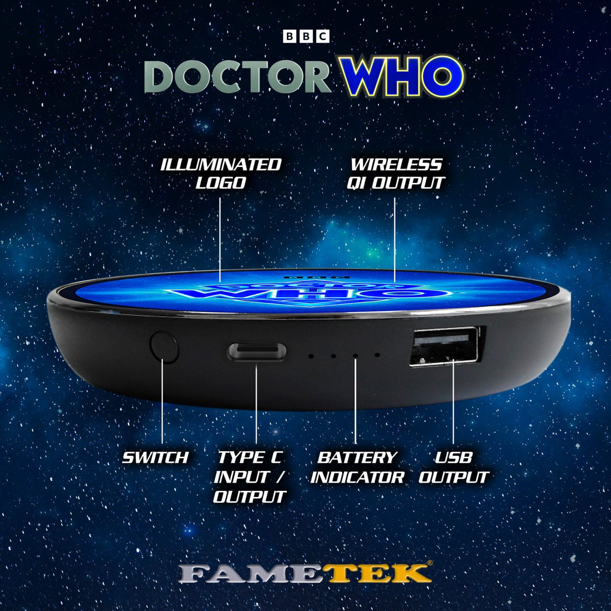 Doctor Who™ Logo 60th Anniversary Qi Wireless Charger with Illuminated TARDIS & Built-In Power Bank