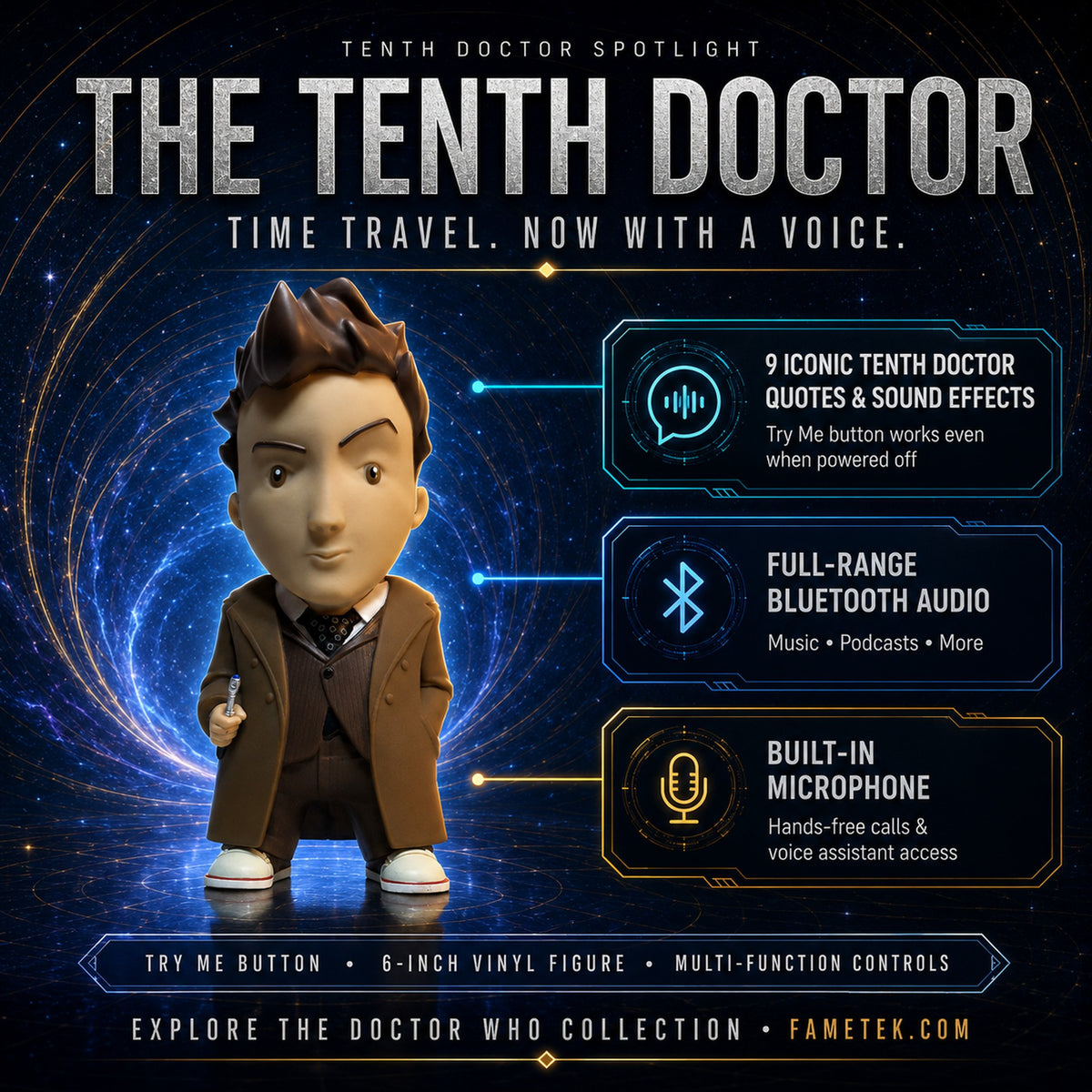 Doctor Who™ 6" Tenth Doctor Talking Bluetooth® Figure Speaker with 9 Quotes from the Tenth Doctor