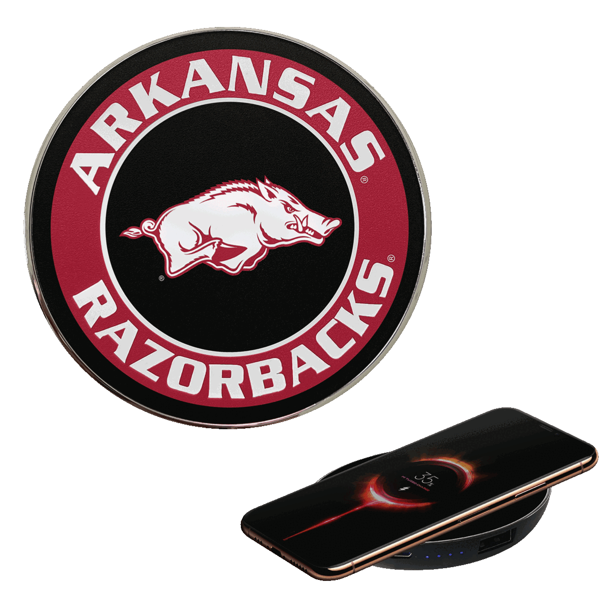 University of Arkansas Qi Wireless Charger With Illuminated Razorbacks Logo & Built-In Power bank