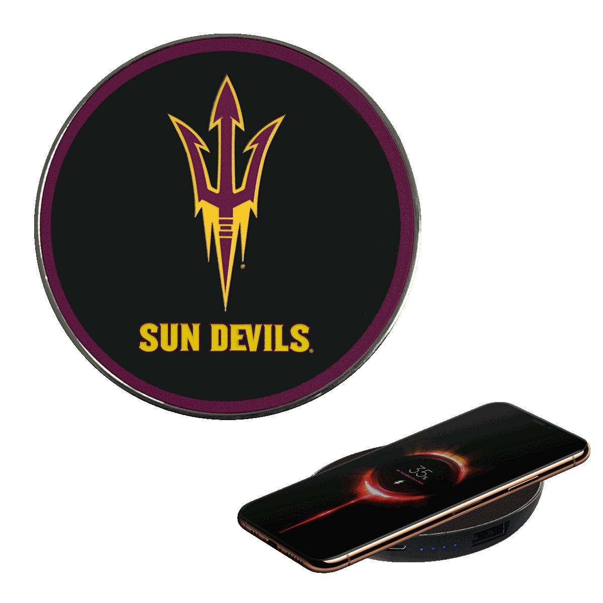 Arizona State University Qi Wireless Charger With Illuminated Sun Devils Logo & Built-In Power bank