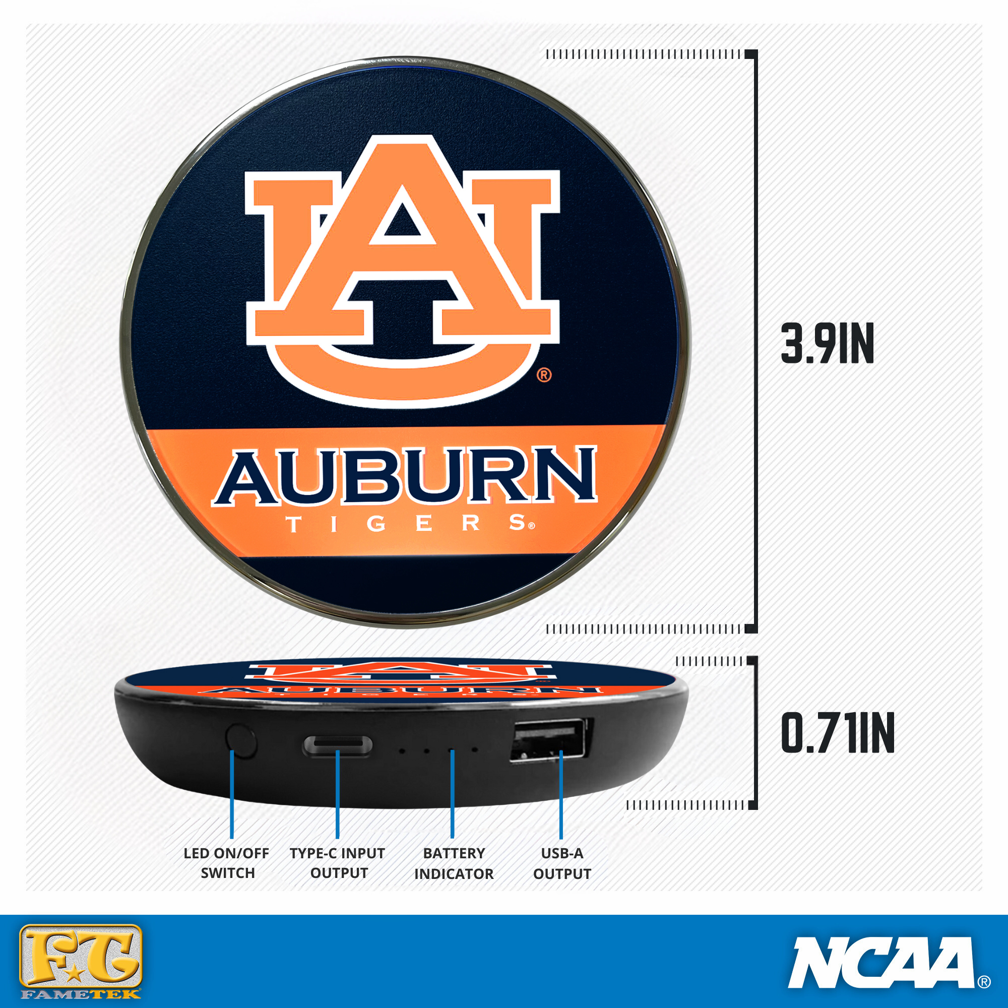 Auburn University Qi Wireless Charger With Illuminated Tigers Logo & Built-In Power bank