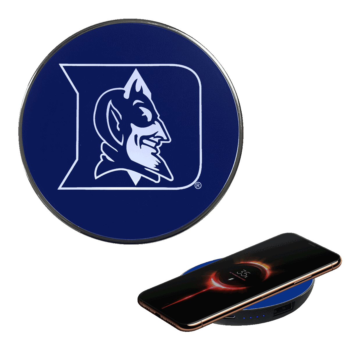 Duke University Qi Wireless Charger With Illuminated Blue Devils Logo & Built-In Power bank