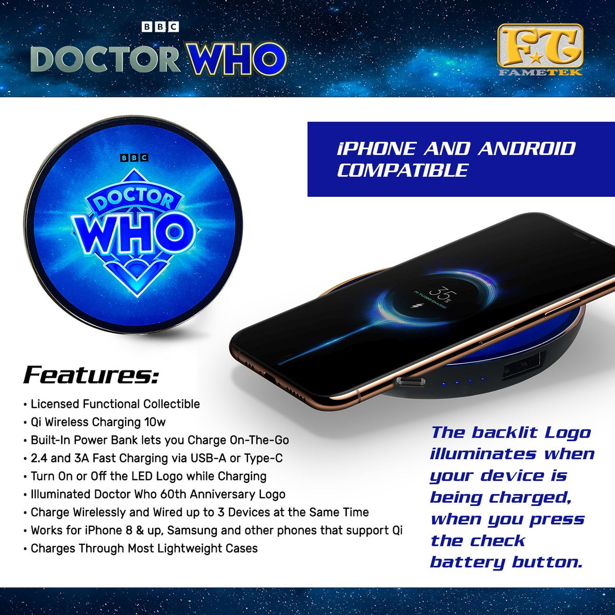 Doctor Who™ Logo 60th Anniversary Qi Wireless Charger with Illuminated TARDIS & Built-In Power Bank