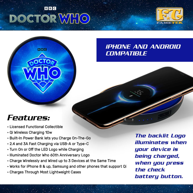 Doctor Who™ Logo 60th Anniversary Qi Wireless Charger with Illuminated TARDIS & Built-In Power Bank