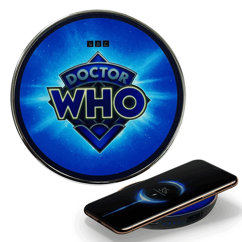 Doctor Who™ Logo 60th Anniversary Qi Wireless Charger with Illuminated TARDIS & Built-In Power Bank