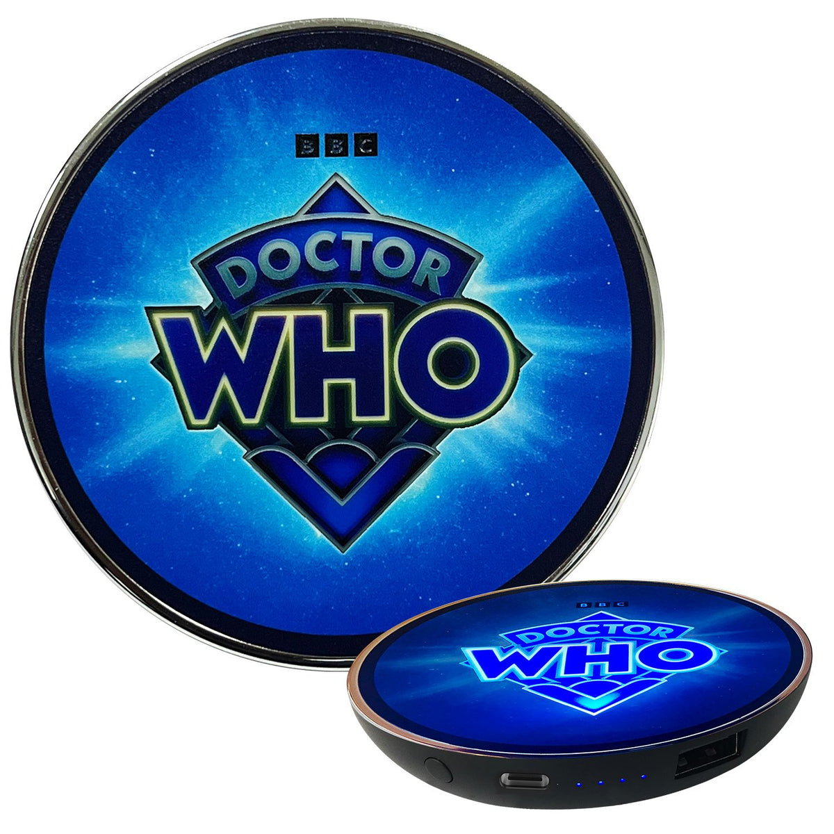 Doctor Who™ Logo 60th Anniversary Qi Wireless Charger with Illuminated TARDIS & Built-In Power Bank
