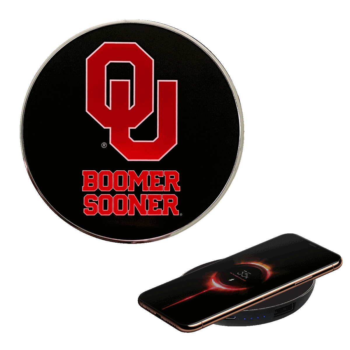 University of Oklahoma Qi Wireless Charger With Illuminated Boomer Sooner Logo & Built-In Power bank