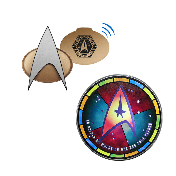 BUNDLE - Star Trek TNG Bluetooth ComBadge, with Star Trek Stained-Glass Qi Charger