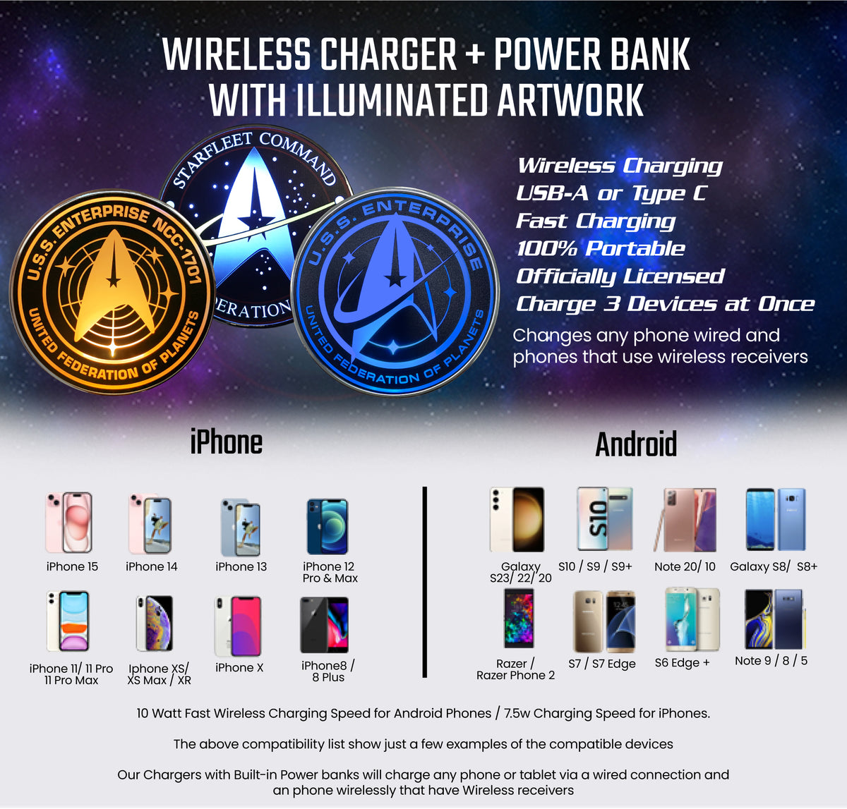 Star Trek Qi Wireless Charger With Illuminated Transporter Pad & Built-In Power bank