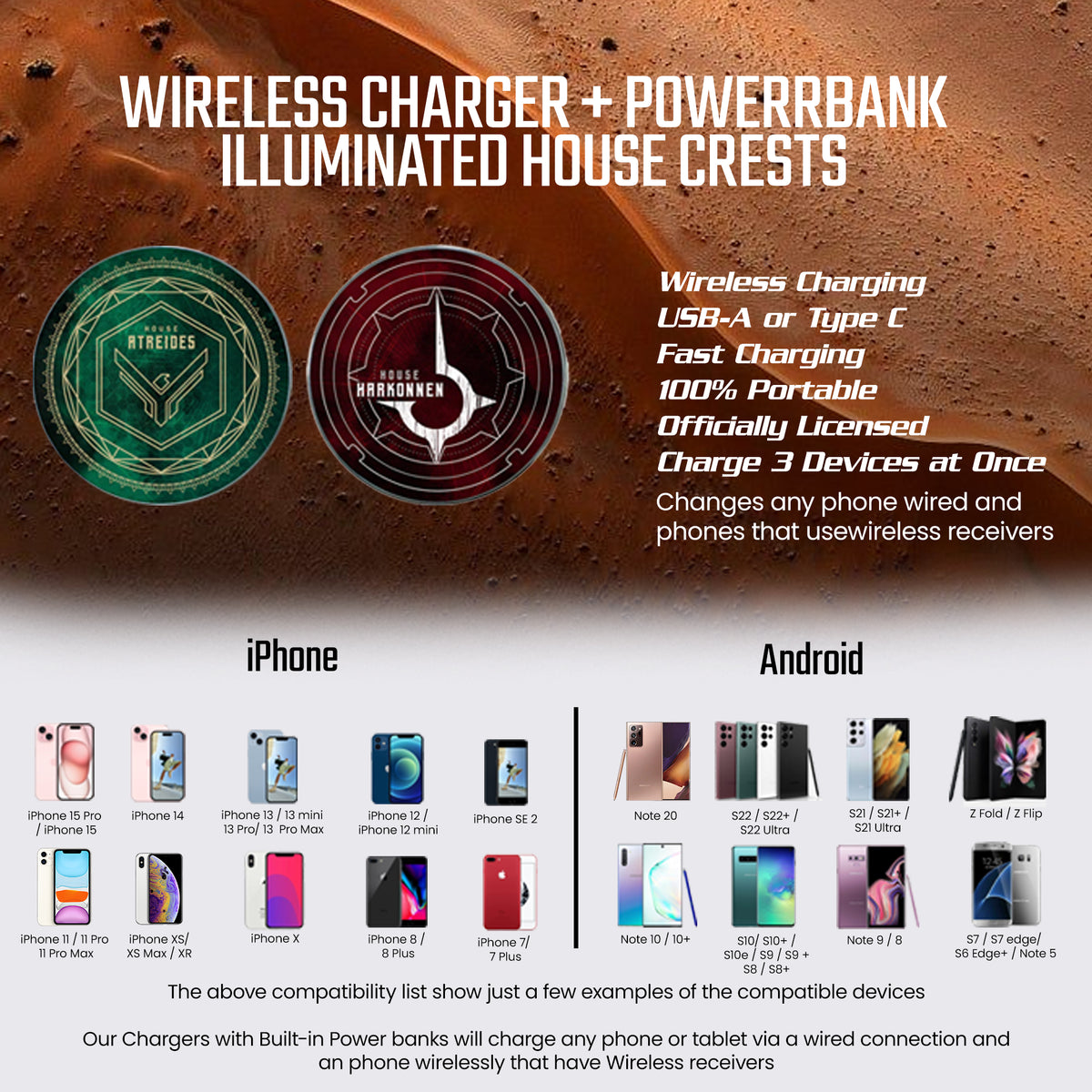 DUNE™ HARKONNEN QI WIRELESS CHARGER WITH ILLUMINATED HARKONNEN HOUSE CREST & BUILT-IN POWER BANK