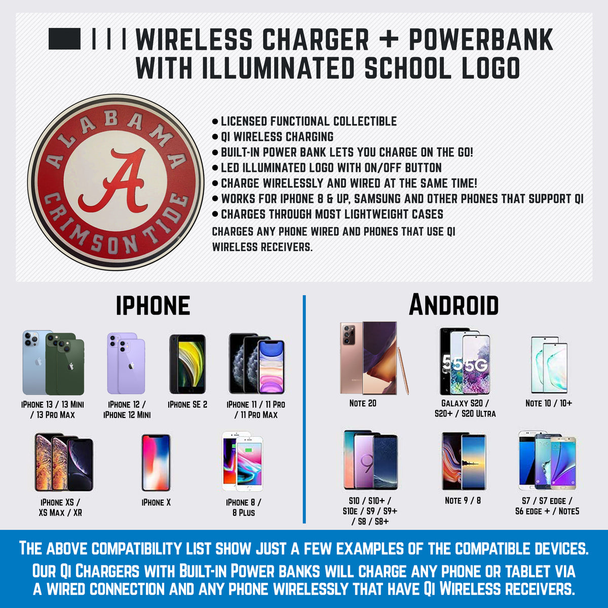 University of Alabama Qi Wireless Charger With Illuminated Bama Logo & Built-In Power bank