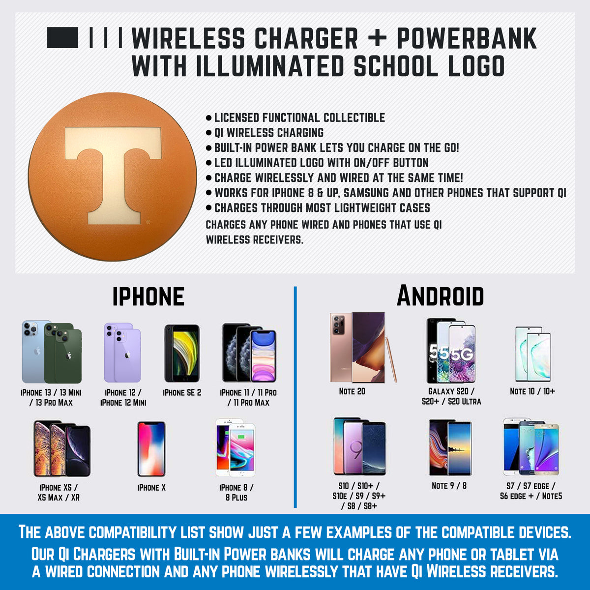 University of Tennessee Qi Wireless Charger With Illuminated Volunteers Logo & Built-In Power bank