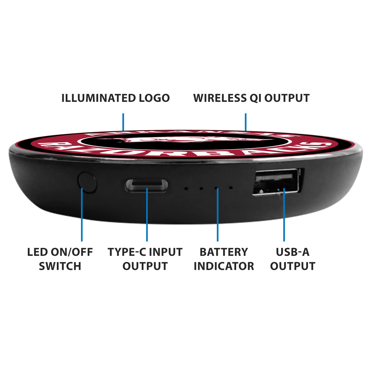 University of Arkansas Qi Wireless Charger With Illuminated Razorbacks Logo & Built-In Power bank
