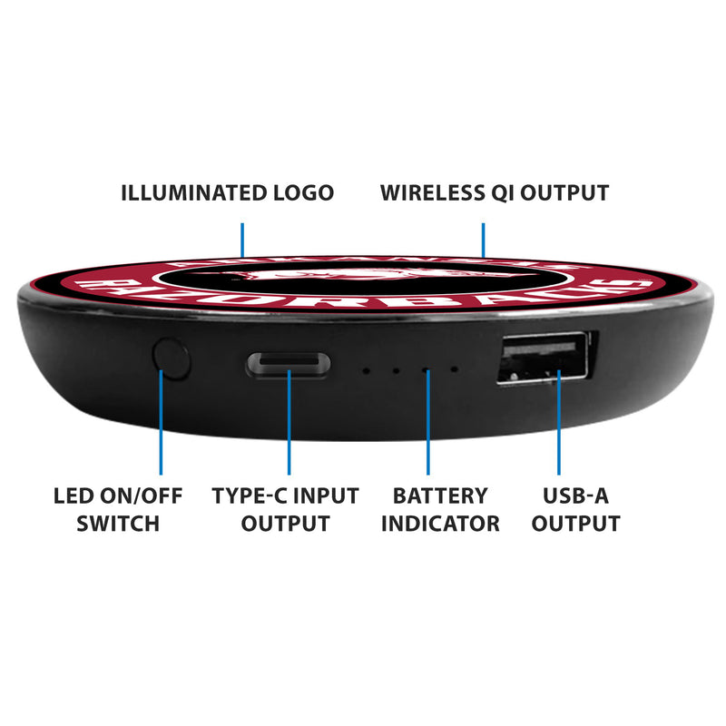 University of Arkansas Qi Wireless Charger With Illuminated Razorbacks Logo & Built-In Power bank